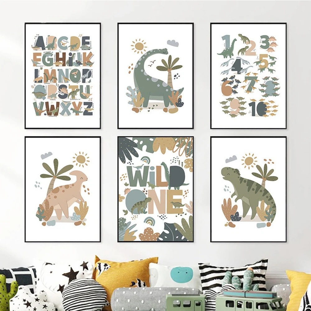 Kids Education Number - Nordisches Niedliches Baby-Dinosaurier Wandbild Leinwandgemälde Alphabet